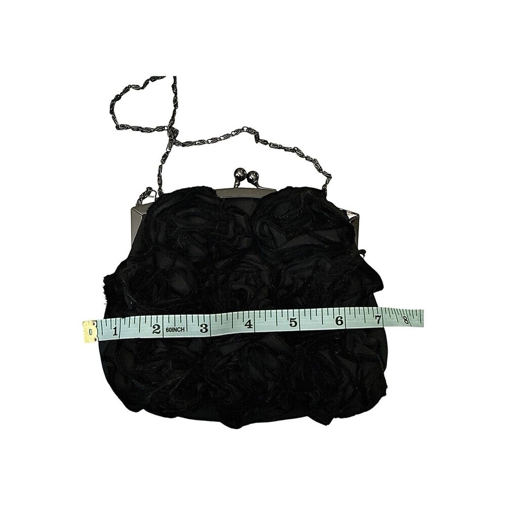 Lulu Townsend Black Rosette Evening Bag Satin Clutch Chain Strap Kiss Lock Purse - Picture 8 of 9